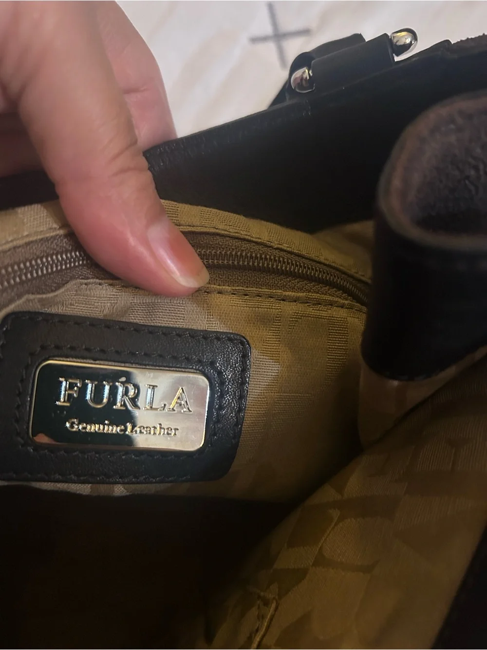 Furla dark brown mixed leather bag with Black Leather handles